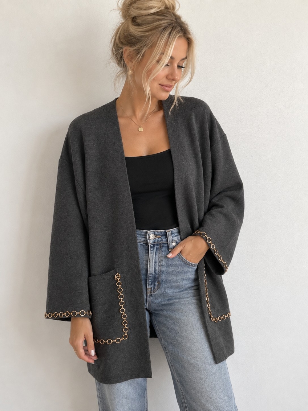 Zara Knit Gray Open Front Cardigan Gold Chain Trim Pockets Size Medium